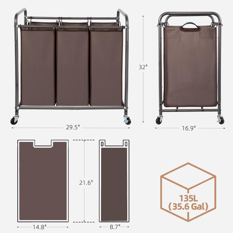 STORAGE MANIAC 3 Section Laundry Sorter, 35.9 Gal (136 L) Laundry Hamper Cart with Heavy Duty Rolling Lockable Wheels and Removable Bags, Clothes Organizer Basket Clothes Separator Hamper, Brown - Image 3
